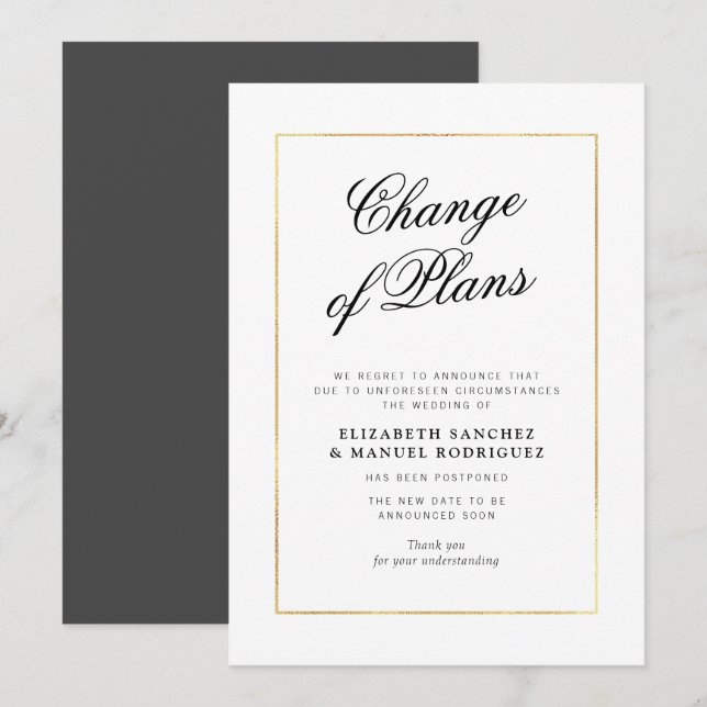Élégante carte de mariage reportée avec cadre doré (Devant / Derrière)