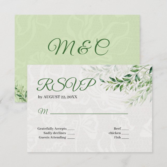 Elégante carte de mariage végétal verte RSVP (Devant / Derrière)