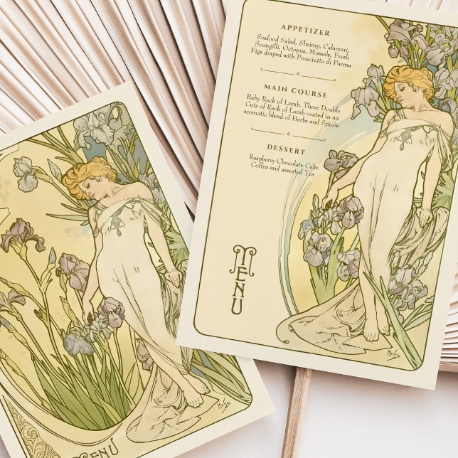 Elégante carte de menu Art Nouveau Iris Floral God (Créateur téléchargé)