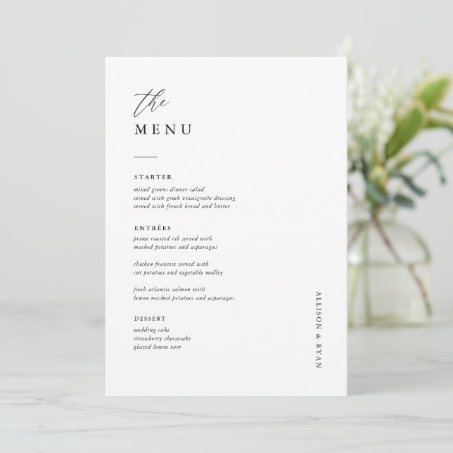 Elégante carte de menu Mariage 5x7" (Debout devant)