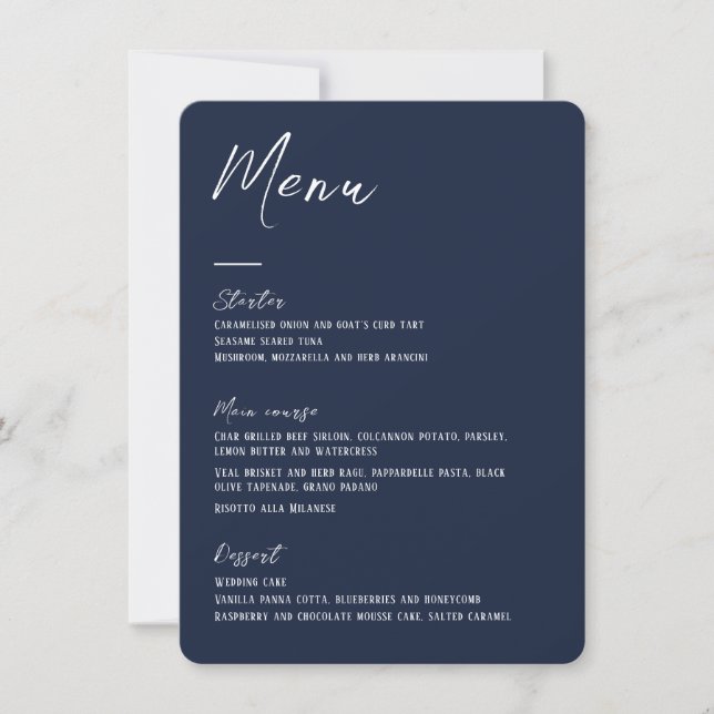 Elégante carte de menu Mariage bleu marine (Devant)