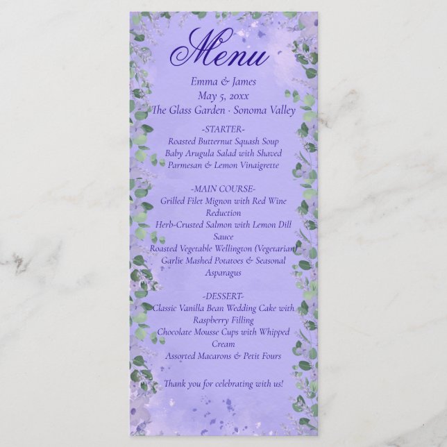 Élégante carte de menu Mariage floral violet (Devant)