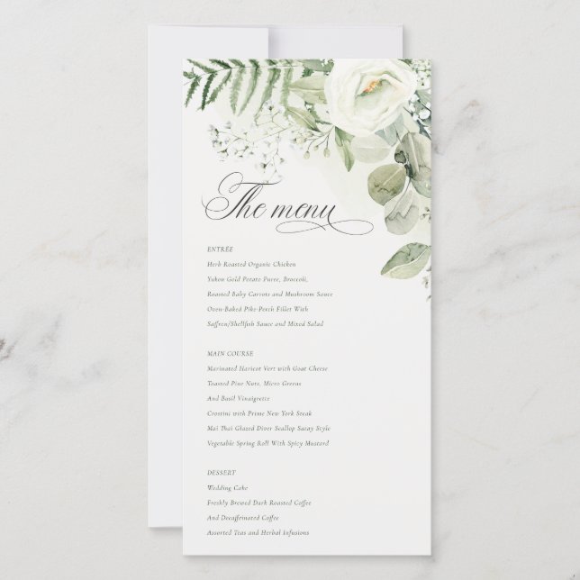 Elégante carte de menu Mariage Floral White Greene (Devant)