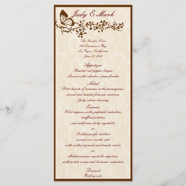 Elégante carte de menu Mariage papillon (Devant)