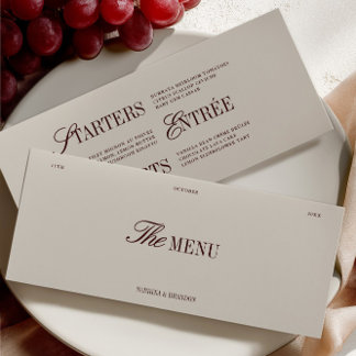 Elégante carte de menu pour dîner Mariage de Bourg