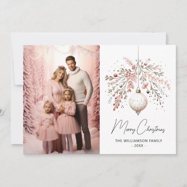 Elégante carte de Noël couleur rose Bauble (Devant)