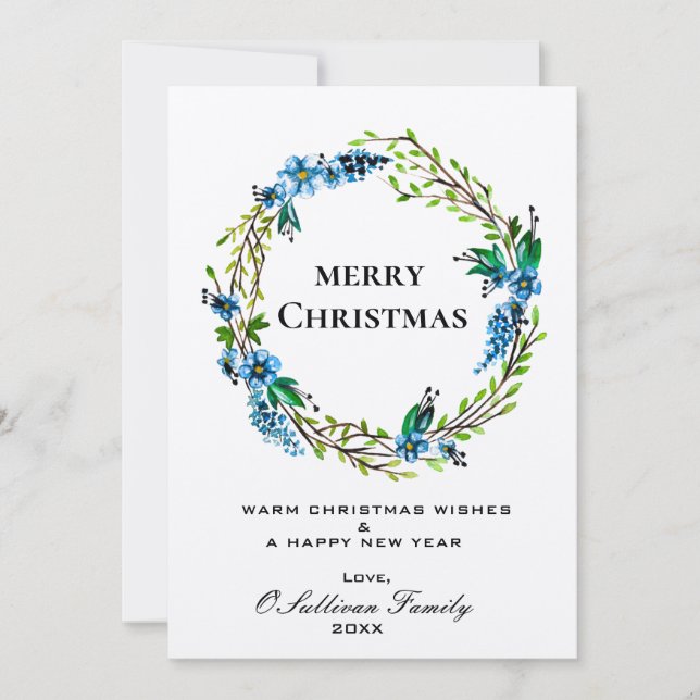 Elégante carte de Noël en couronne bleue - Floral (Devant)