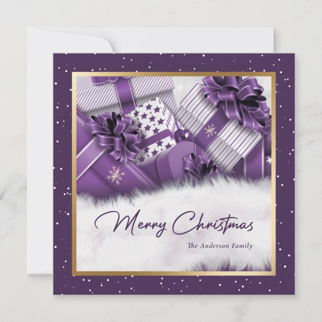 Élégante carte de Noël Joyeux en or violet (Devant)