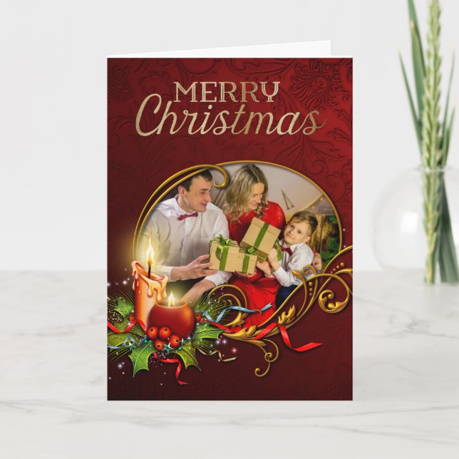 Elégante carte de Noël photo avec bougie brillante (Devant)