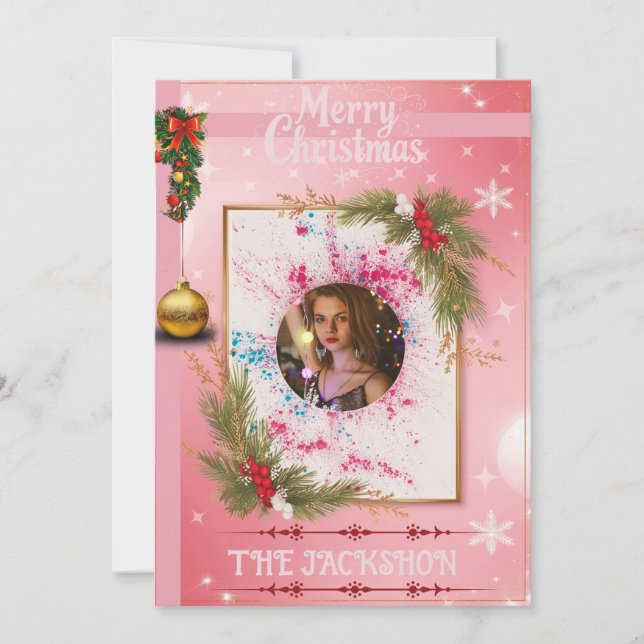 Elégante carte de Noël rose avec cadre photo perso (Devant)