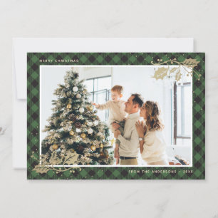 Elégante Carte de Noël Verte Or Plaid Photo