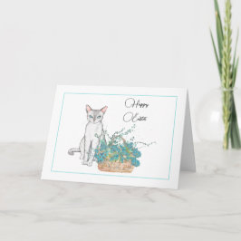 Elégante carte de Pâques de Chat avec fleurs bleue