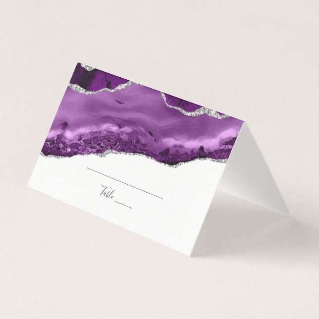 Élégante carte de place pliée en argent violet (Front)