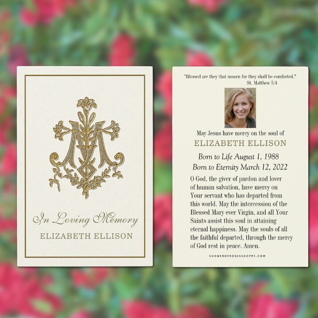 Elégante carte de prière de Croix Marian Gold (Traditional Catholic Funeral Memorial Prayer Card)