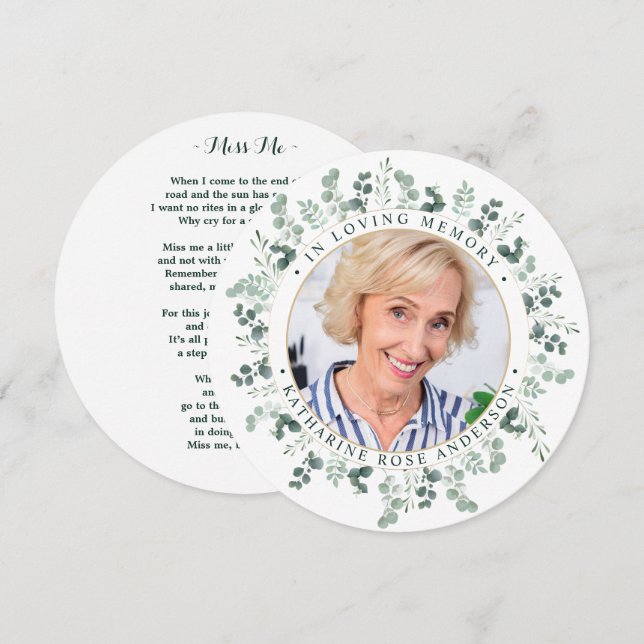 Elégante carte de prière funéraire Mémorial Eucaly (Devant / Derrière)