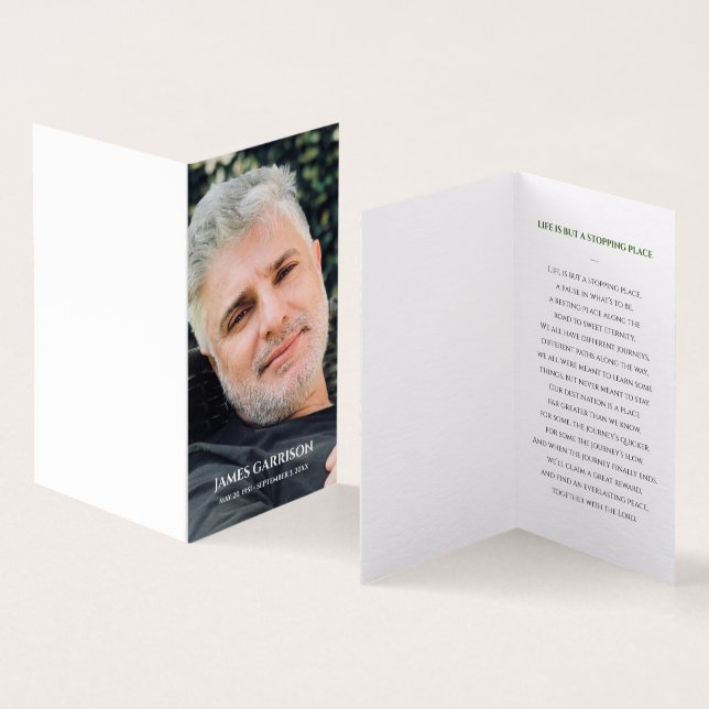 Elégante carte de prière funéraire verte avec phot (Inside and Outside)