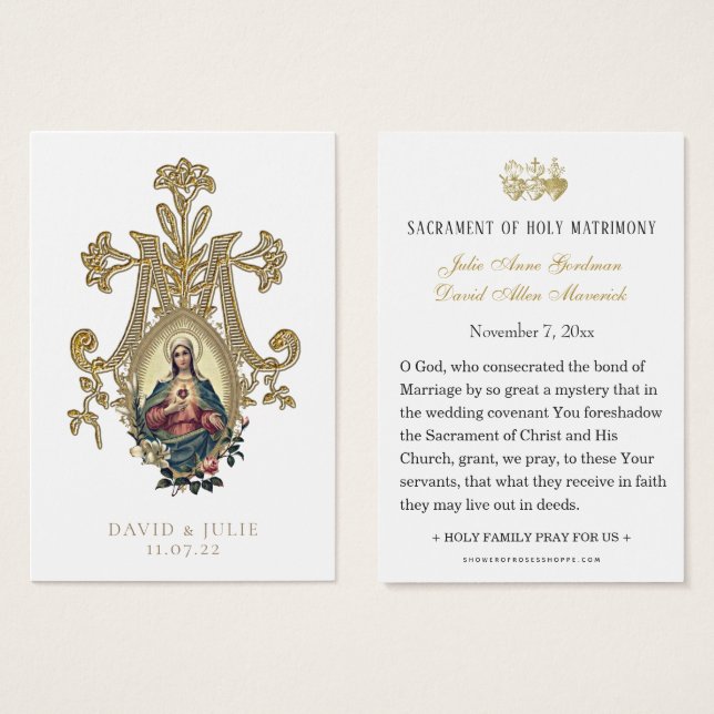 Elégante carte de prière Mariage catholique or (Devant & derrière)