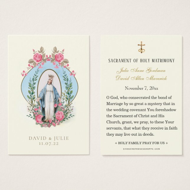 Elégante carte de prière Mariage catholique or (Devant & derrière)