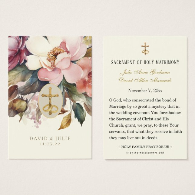 Elégante carte de prière Mariage FloralCatholique (Devant & derrière)