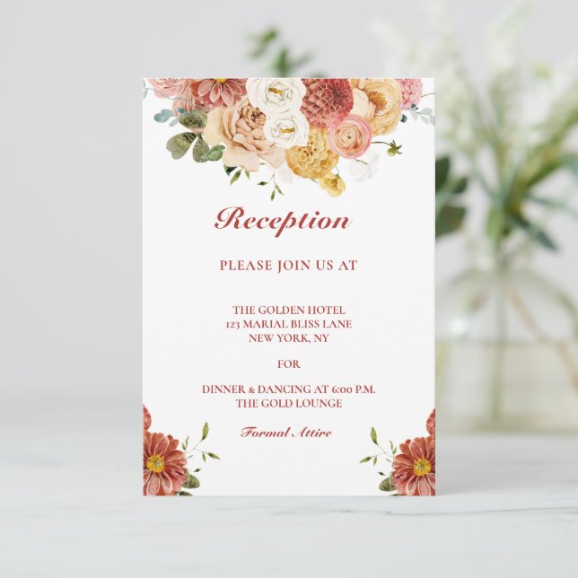 Elégante carte de réception de mariage floral Bour (Debout devant)