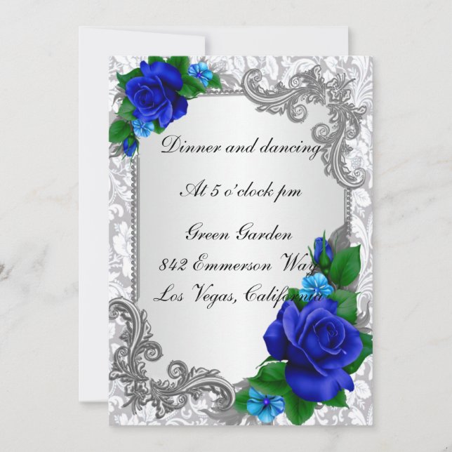 Elégante Carte de réception de mariage Rose Bleu (Devant)