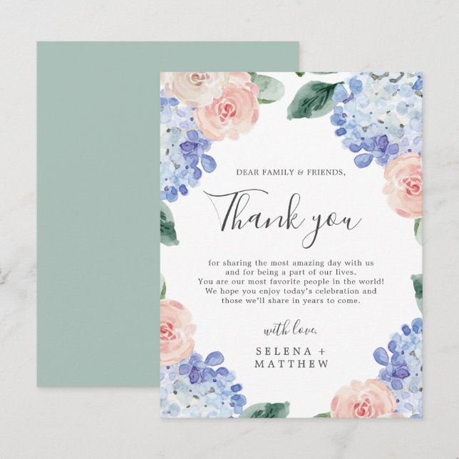 Elégante carte de réception Merci Blue Hydrangea (Devant / Derrière)