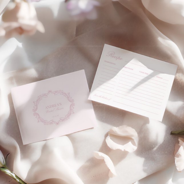 Elégante carte de recette Fête des mariées rose ro (Elegant Romantic Pink Bridal Shower Recipe Card)