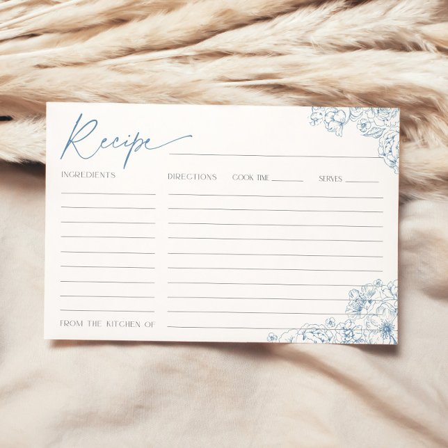 Elégante Carte de recette pour mariée Toile Bleue  (Recipe card with blue floral toile de jouy pattern for an french elegant bridal shower)