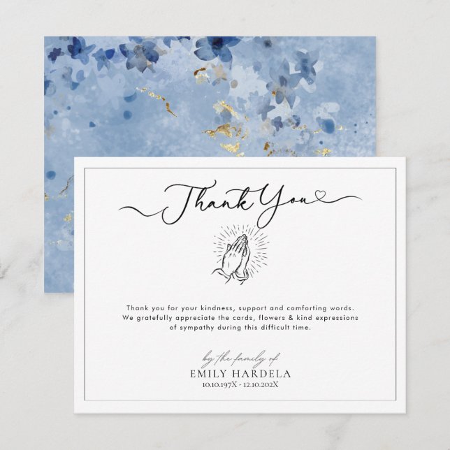 Elégante carte de remerciements Floral Bleu doré (Devant / Derrière)