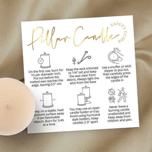 Élégante carte de soins aux chandelles pour logo b (Elegant white and gold pillar candle care cards with icons and space for your logo)