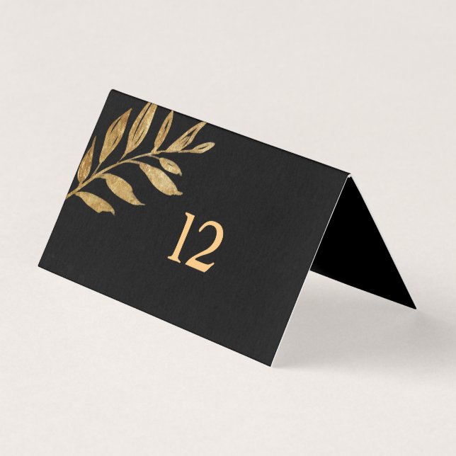 Elégante carte de table Feuille noir et or (Front)