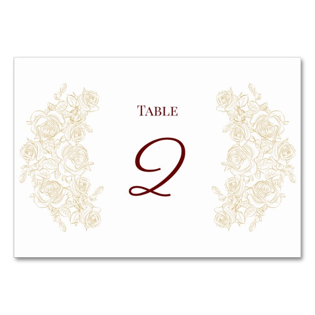 Elégante carte de table Rose en Bourgogne et en or (Devant)