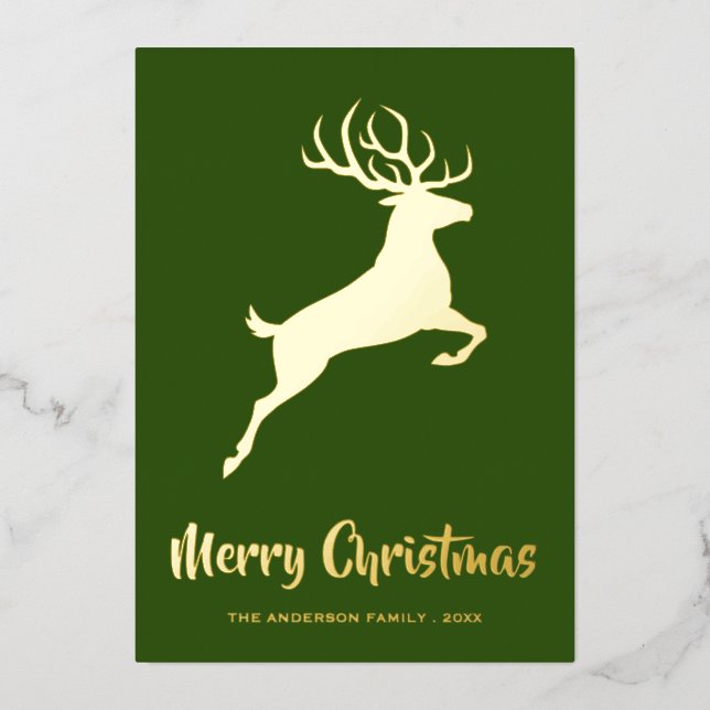 Elégante carte de vacances Deer Green & Gold Foil (Recto)