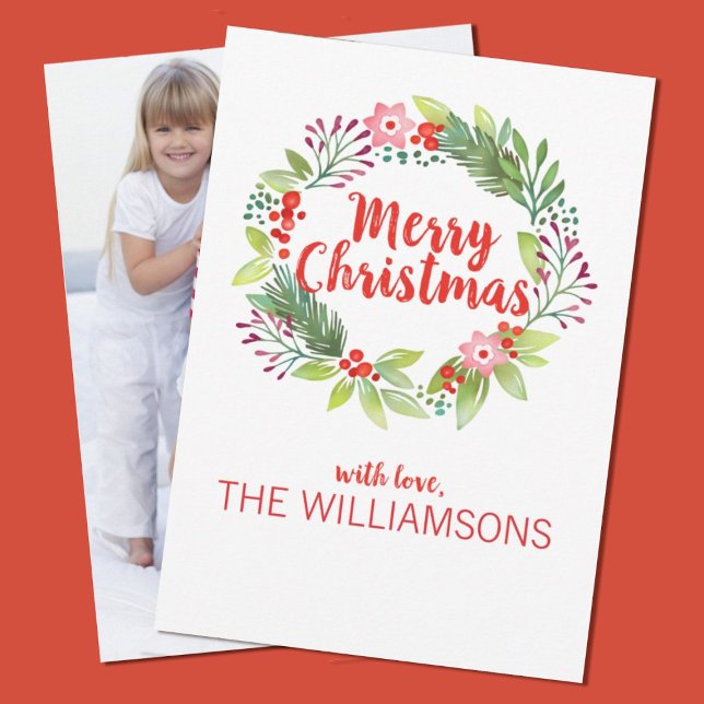 Elégante carte de vacances photo de couronne de No (Add your family photo to this elegant watercolor wreath Christmas card.)