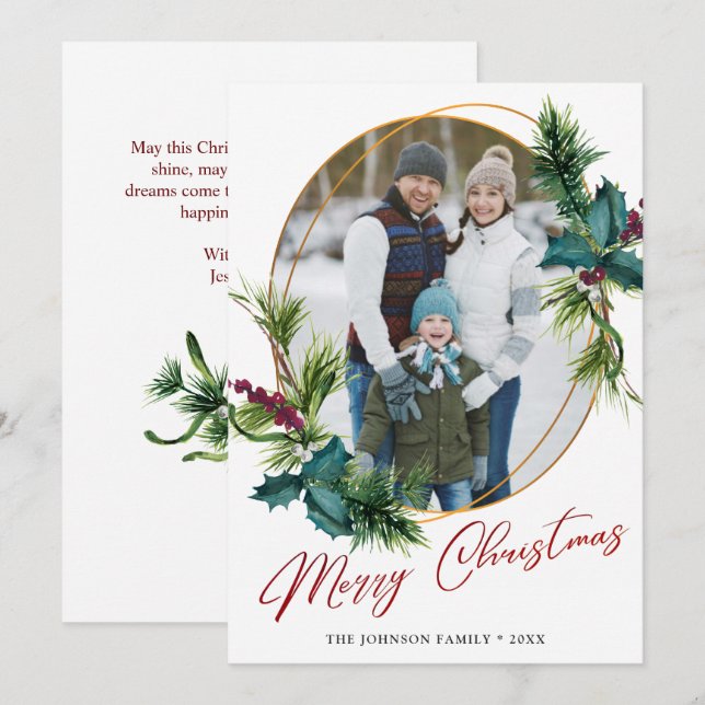 Elégante carte de vacances photo de Noël Holly Pin (Devant / Derrière)
