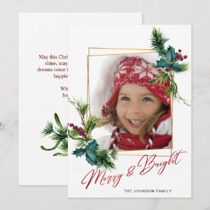 Elégante carte de vacances photo de Noël Holly Pin