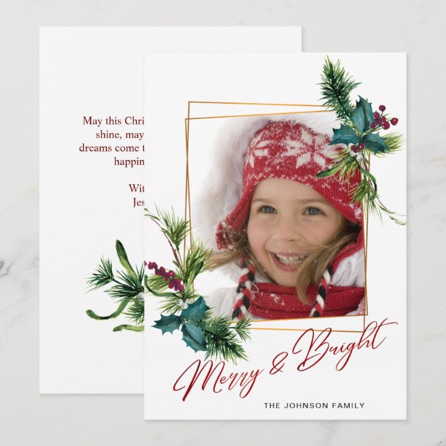 Elégante carte de vacances photo de Noël Holly Pin (Devant / Derrière)