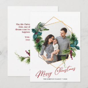 Elégante carte de vacances photo de Noël Holly Pin