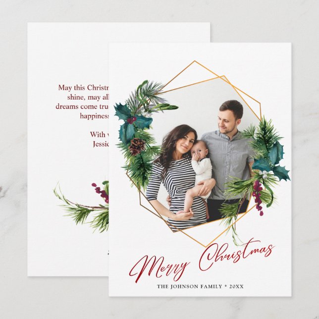 Elégante carte de vacances photo de Noël Holly Pin (Devant / Derrière)