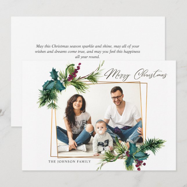 Elégante carte de vacances photo de Noël Holly Pin (Devant / Derrière)