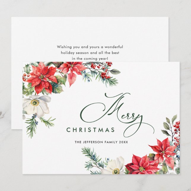 Élégante carte de vœux de Noël avec poinsettia rou (Devant / Derrière)