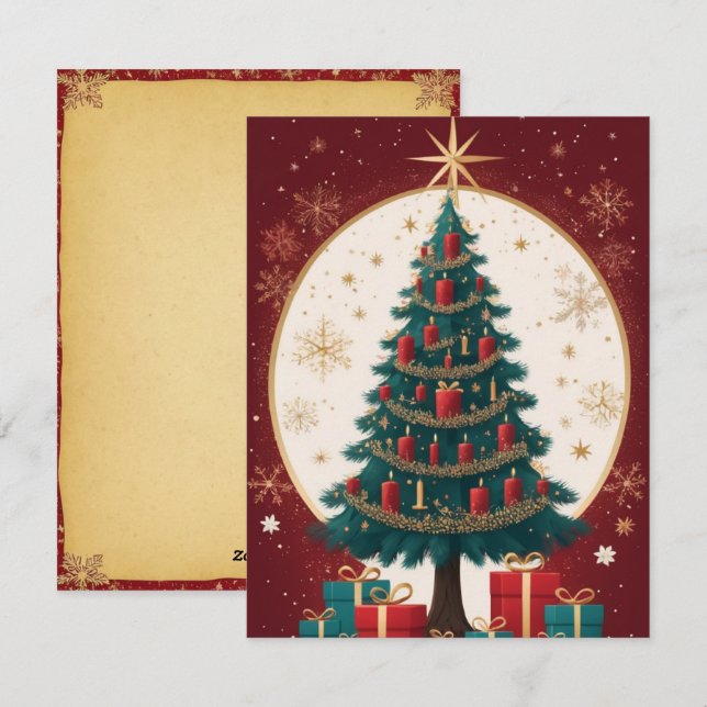 Élégante carte de voeux Red Golden Christmas Tree (Devant / Derrière)