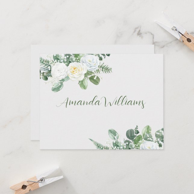 Elégante carte d'escorte Roses blanches et verdure (Devant/Arrière en situation)