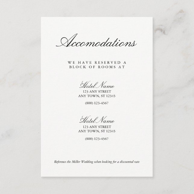 Elégante carte d'hébergement Mariage noir blanc (Devant)
