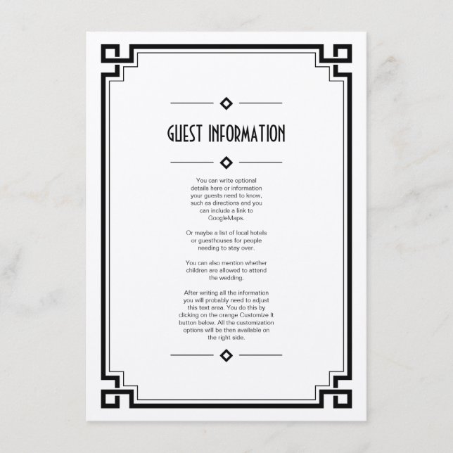 Elégante carte d'insertion Mariage Art Déco Cadre  (Devant)