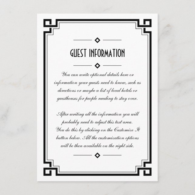 Elégante carte d'insertion Mariage Art Déco Cadre  (Devant)