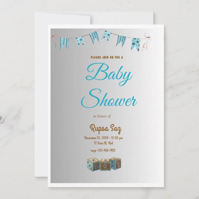 Élégante carte d'invitation Baby shower bleu (Devant)