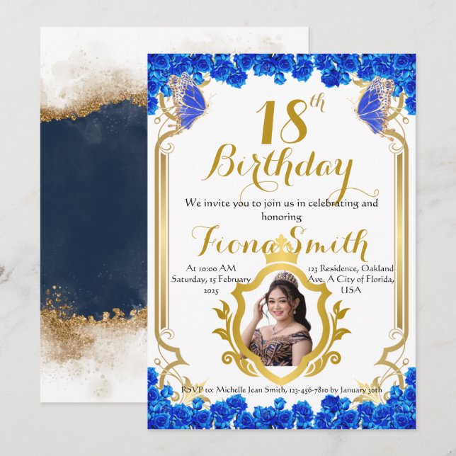 Elégante carte d'invitation d'anniversaire Royal B (Devant / Derrière)