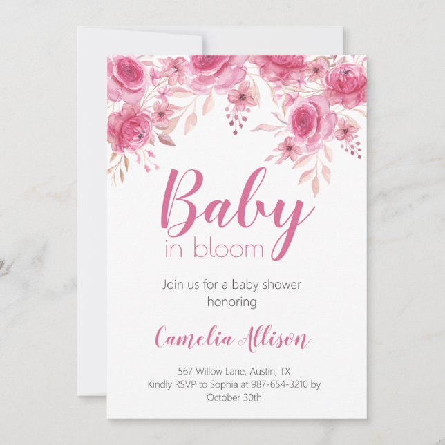 Élégante carte d'invitation de Baby shower rose (Devant)