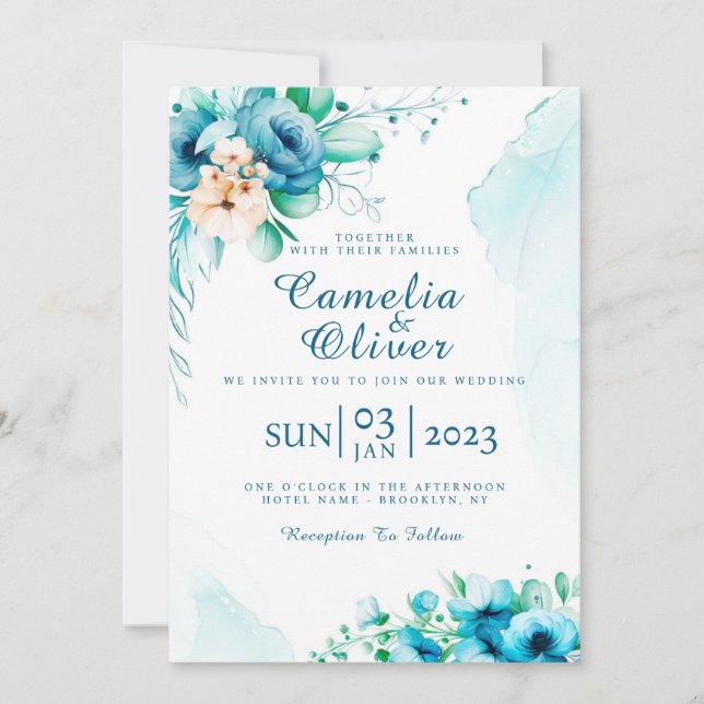 Elégante carte d'invitation florale bleue (Devant)
